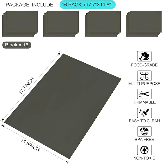 16 Pcs Refrigerator Liners Mats Washable, Refrigerator Mats Liner Waterproof Oilproof, Shinywear Fridge Liners for Shelves, Cover Pads for Freezer Glass Shelf Cupboard Cabinet Drawer (16 Black)