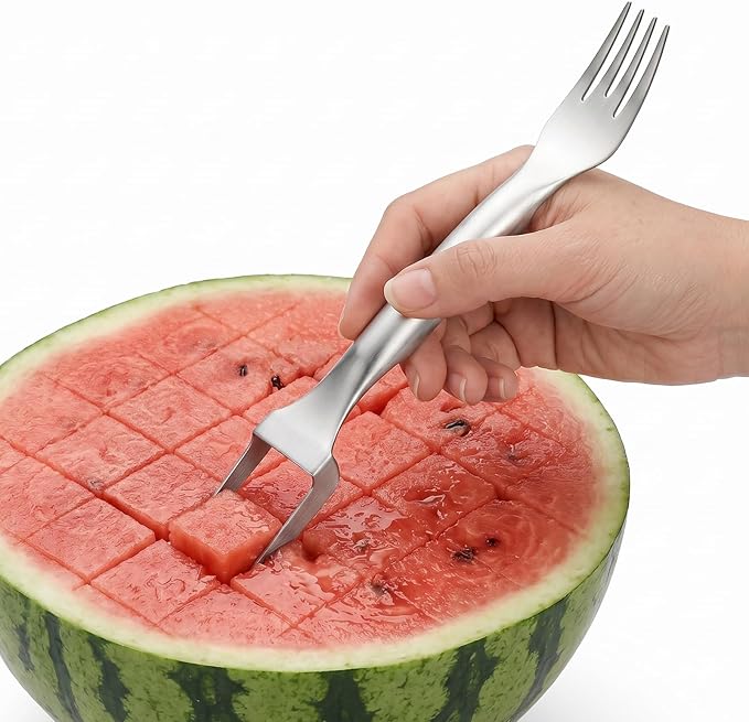 CripsTaste 2 Pack Watermelon Fork Cutter Slicer Tool, 2-in-1 Stainless Steel Fruit Cutter Melon Slicer Cutter Tool, Watermelon Cutting Tool for Home Party Camping Kitchen Gadget