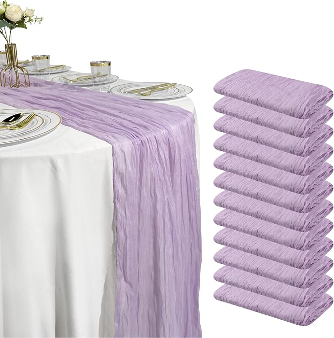 12 Pack Lilac Purple Cheesecloth Table Runner – 10FT x 12pcs Boho Gauze Table Runners for Spring Wedding, Birthday, Fairy Garden Bridal Shower Decor