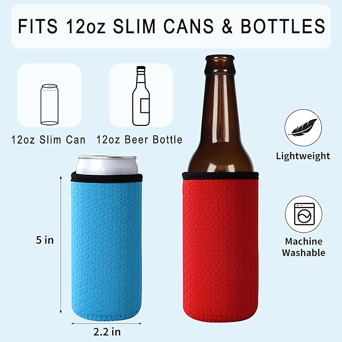 5 Pcs Insulated Slim Can Sleeve, Reusable Skinny Tall Can Cooler Sleeves, Non-slip Neoprene Beer Bottle Cover Holder for 12oz Slim Can Soda and Beer (Colorful1)