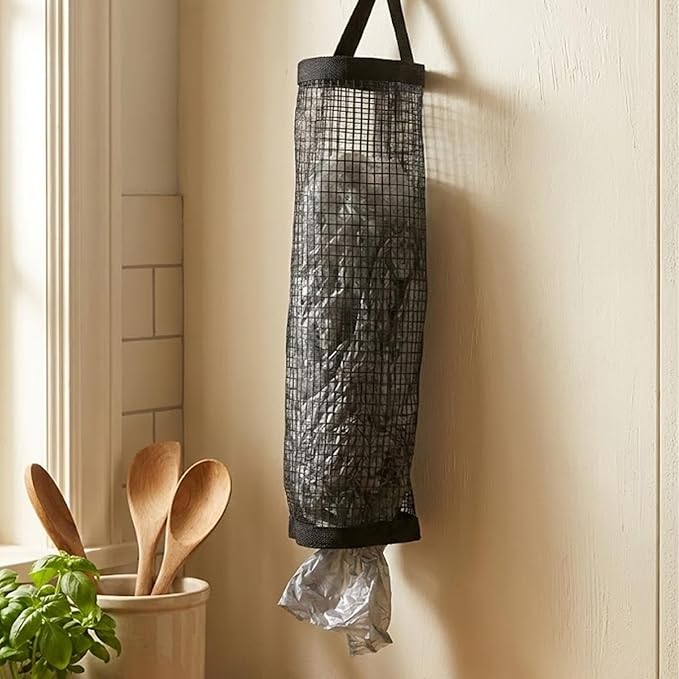 Thinp 3 Pcs Plastic Bag Holder, Grocery Bag Organizer Hanging Storage Dispensers Mesh Bags Dispenser Organizer Breathable Shopping Bags Storage for Home Kitchen Pantry (Black)