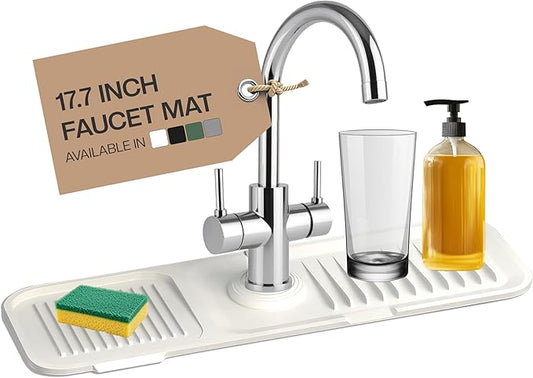 17 Inch Silicone Faucet Mat for Kitchen Sink Splash Guard & Draining Tray Sink Protector with Soap & Sponge Holder White (Purest Peak)