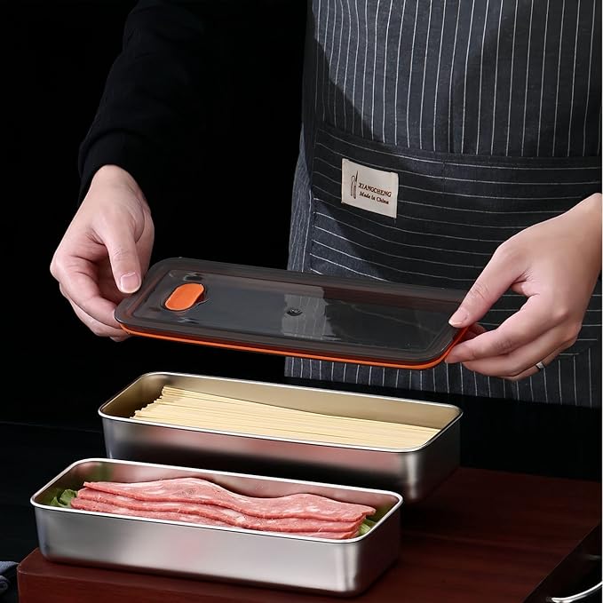 Bacon Container for Refrigerator, Bacon Storage Containers with Lids Airtight, Stainless Steel Airtight Deli Meat Storage Containers for Fridge, Long Container for Kitchen Food Storage (GrayLid)