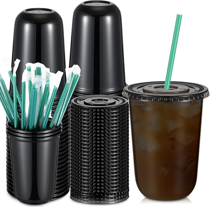 Baderke 25 Set Plastic Cups with Lids and Straws, Disposable Plastic Iced Coffee Cup for Cold Beverage Juice Smoothie Crystal for Coffee Shops Party Catering(Black,16 oz)