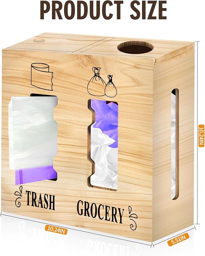 2 in 1 Trash Bag Dispenser and Grocery Bag Holder, Large Wooden Plastic Bag Holder, Wall Mount Trash Bags Holder for Grocery and Plastic Bags, Kitchen and Laundry Room Organization