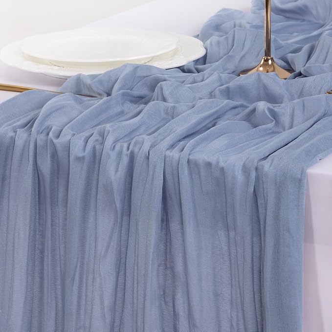 Socomi 10pcs Dusty Blue Summer Cheesecloth Table Runner Boho Rustic Gauze 120 inch 10FT Cheese Cloth Sheer Runner for Wedding Party Baby Shower Birthday Home Decor Holiday Decorations