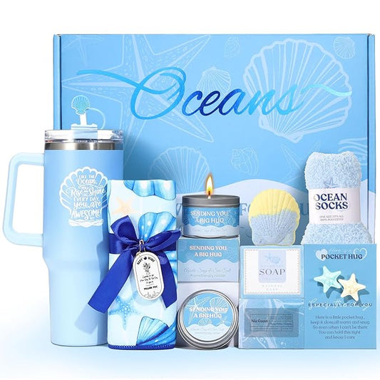 Ocean Gift Baskets for Women, Blue Self Care Spa Gift Set with 40oz Tumbler, Birthday Gift for Women Her Mom Wife Friend, Get Well Soon Gifts, Relaxation Gift Care Package for Women
