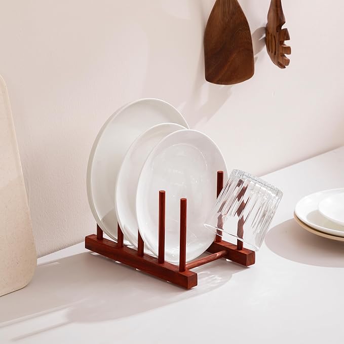 HBlife 4pcs Padauk Wooden Dish Drying Rack - Home and Kitchen Organizer for Cups, Bowls, Pots, Lids, Cutting Boards & Plates Space-Saving for Cabinets Counters (4 Slots)