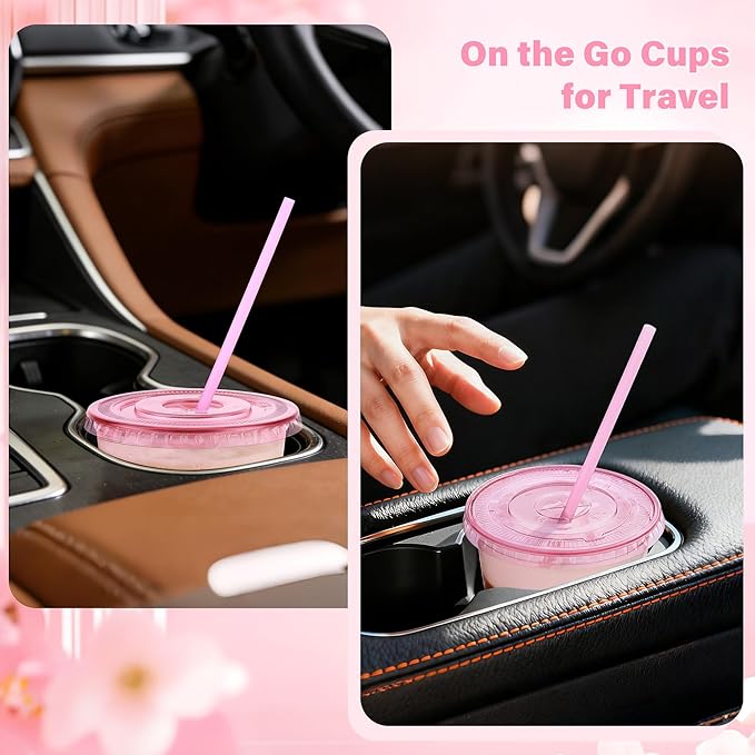 tchrules 100 Set 12oz Pink Plastic Cups with Lids & Straws, Disposable Iced Coffee Cup with Lid, Round Bottom Plastic To Go Cups for Cold Drinks Slushie Smoothie Valentine Galentine Party Supplies