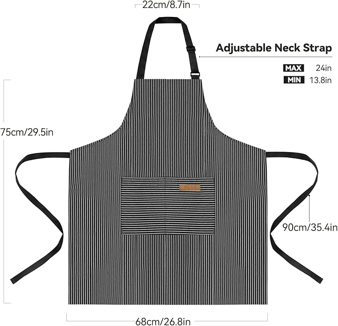NLUS 2 Pack Kitchen Cooking Aprons, Adjustable Bib Soft Chef Apron with 2 Pockets for Men Women (Black Pinstripes)