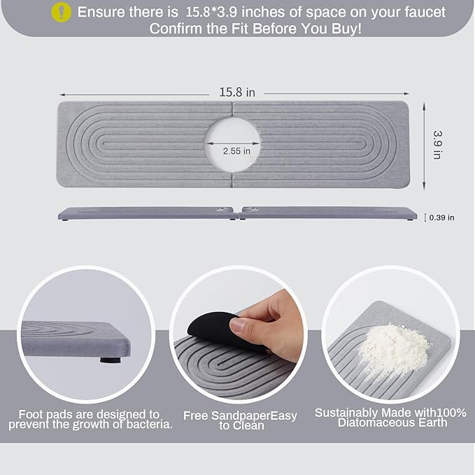 Stone Faucet Mat for Kitchen Sink，Super Absorbent Diatomite Fast Drying Stone and Bathroom Stone Tray for Counter Quick Drying Splash Guard,Prevents Moisture Buildup Sink(Grey,15.8" x 3.9")