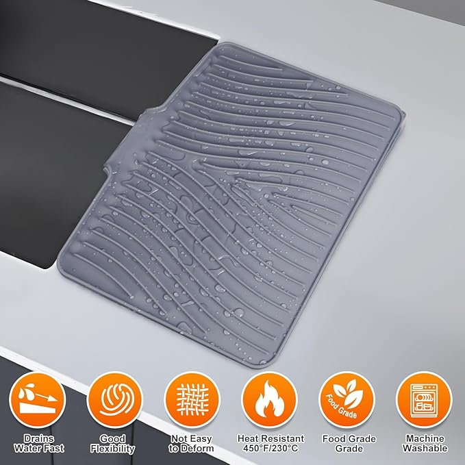 Silicone Dish Drying Mat for Kitchen Counter, Dish Drying Pad, Non-Slip Drain Pad with Built-in Drain, Heat Resistant Stone Drying Mat,Grey, 1Set
