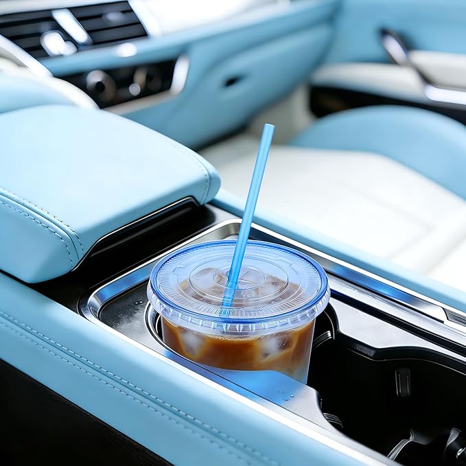 tchrules 100 Set 16oz Plastic Cups with Lids and Straws, Disposable Blue Clear Iced Coffee Cup with Lid, Round Bottom Plastic To Go Cups for Cold Drinks Slushie Smoothie Soda Bar Party Shop Supplies