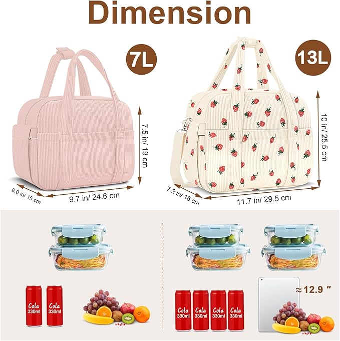 KUBYA Corduroy Lunch Box Lunch Bag for Women Men, Cute Strawberry Small Insulated Reusable Work Leakproof Simple Lunch Boxes Tote Bag Adults Cooler Bag