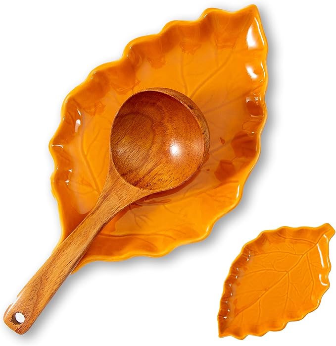 Ceramic Leaf Shape Spoon Rest for cooking, Cute Cooking Spoon Holder for Stove Top,Large Porcelain Spatula Rest for Kitchen Counter, Farmhouse Christmas Kitchen Decor (orange)