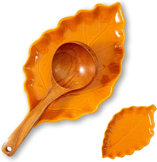 Ceramic Leaf Shape Spoon Rest for cooking, Cute Cooking Spoon Holder for Stove Top,Large Porcelain Spatula Rest for Kitchen Counter, Farmhouse Christmas Kitchen Decor (orange)