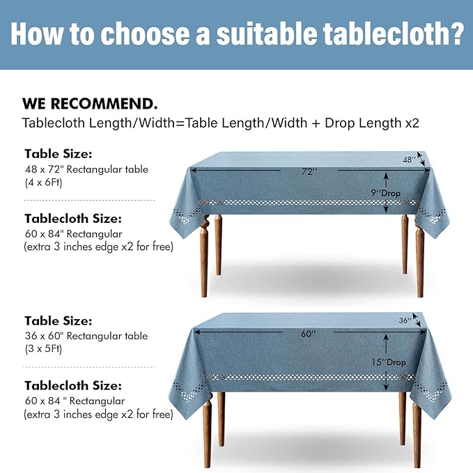 MIULEE Dusty Blue Rectangle Linen Polyester Tablecloth with Decorative Cutouts Waterproof Stain Resistant & Shrink-Proof Table Cloth 60x84 inch Farmhouse Style for Dining Wedding Party