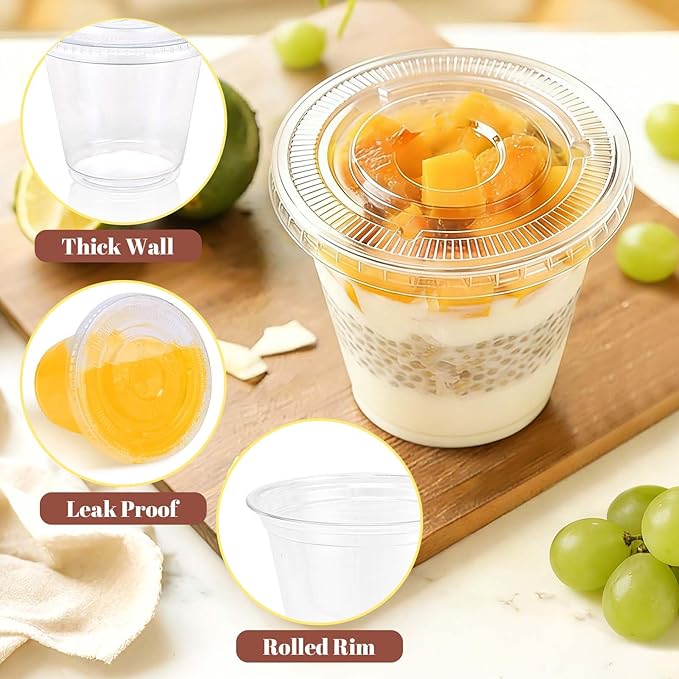 Clawsoff 200 Pack 9 oz Plastic Cups with Flat Lids, Clear Parfait Cups No Hole, Disposable Dessert Cup, Putting Cup for Cold Drink, Ice Cream, Fruit, Salad