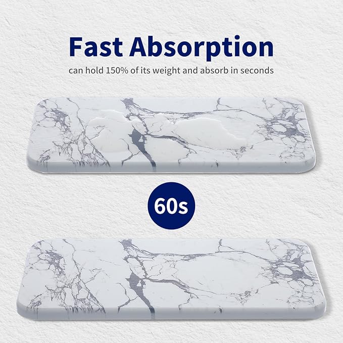 Water Absorbing Stone Tray for Sink, 3PCS Fast Drying Diatomaceous Earth Set - 1 Soap Tray & 2 Coasters for Bathroom Counter, Kitchen, Natural Stone Drying Mat (Marble White)