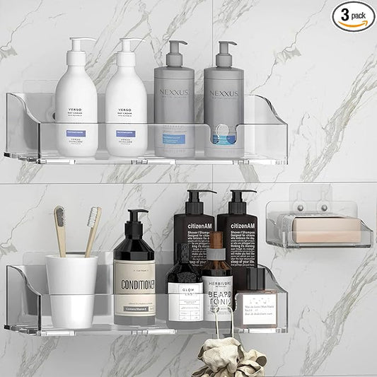 Acrylic Shower Shelves 3 Pack, Clear Adhesive Shower Caddy Organizer, Rustproof No Drill Wall Mount Bathroom & Kitchen Storage Rack
