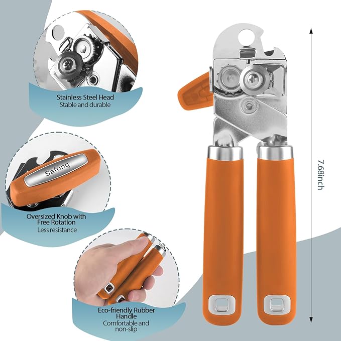 Safring Can Opener Manual, Heavy Duty Handheld Strong Can Opener with Soft Touch Handle, Sharp Blade Smooth Edge, Can Openers with Multifunctional Bottle Opener, Orange