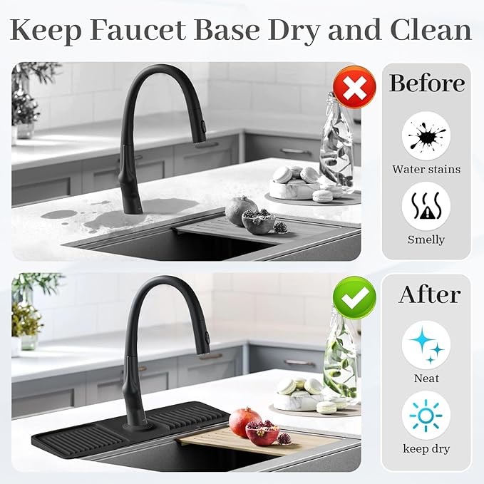 PoYang 17.7 Inch Faucet Mat for Kitchen Sink Splash Guard Behind Faucet, Sink Protectors for Kitchen Sink Faucet Mat Splash Guard for Kitchen Sink Area, Long Silicone Faucet Guard Draining Mat, Black
