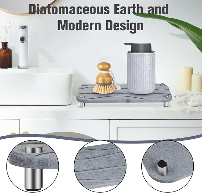 Foleto Home Sink Caddy 2pcs Dries Instantly Kitchen Sink Organizer Sponge Decor Riser with Stainless Steel Feet Modern Diatomaceous Earth Sink Tray for Soap Water Bottles