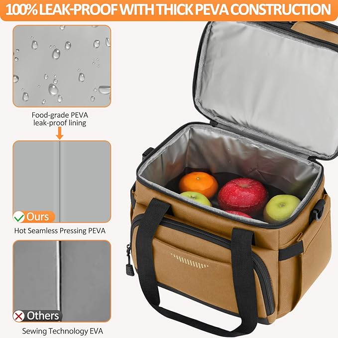 Vankor Lunch Box for Men Women, Large Double Layer Insulated Lunch Bag Tote Expandable Leakproof Waterproof Cooler Bag with Adjustable Shoulder Strap for Work Office Picnic Travel, Khaki