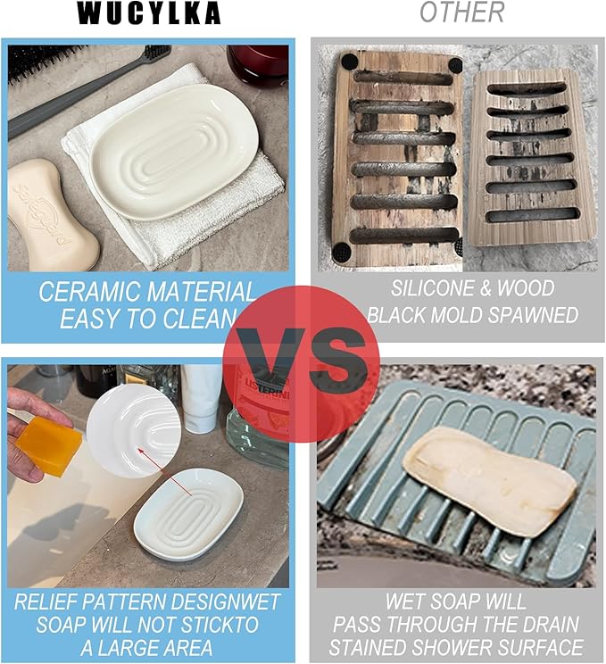 Soap Dish, Ceramic Soap Dish with Marble PatternShower, Soap Saver Tray for Bathroom, Kitchen Sink & Vanity, Multi-Use Holder for Jewelry, Rings, Keys (2 Pack, Black)
