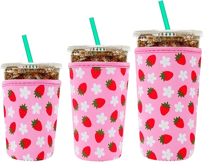 YR Reusable Neoprene Insulator Sleeve for Iced Coffee Cups, 3 Pack Coffee Coolies sleeves for Iced & Hot Drinks, Cold Beverage Cooler Compatible with Starbucks Coffee and More (Strawberry)