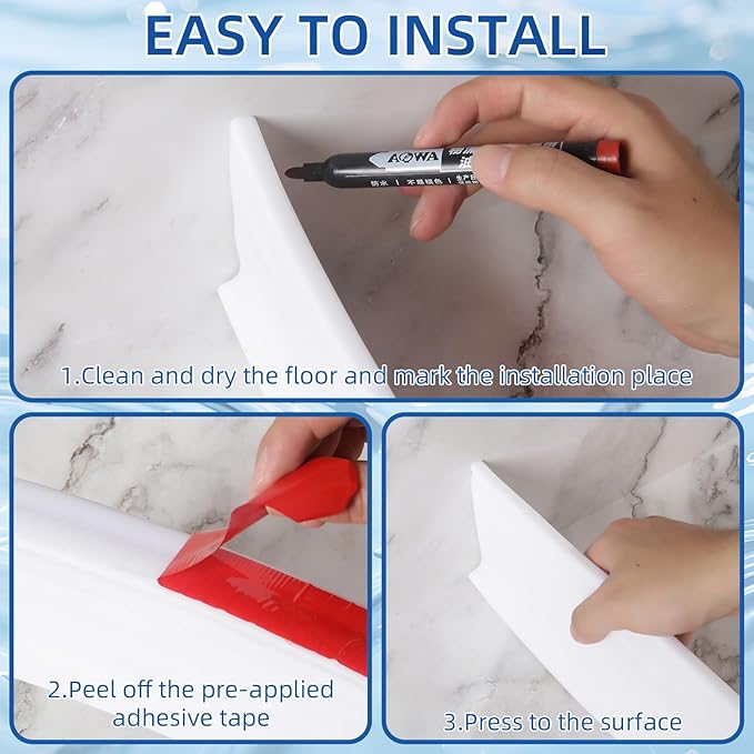 4'' High Shower Threshold Water Dam, 67" Long Collapsible Shower Water Splash Guard, Self-adhesive Shower Barrier