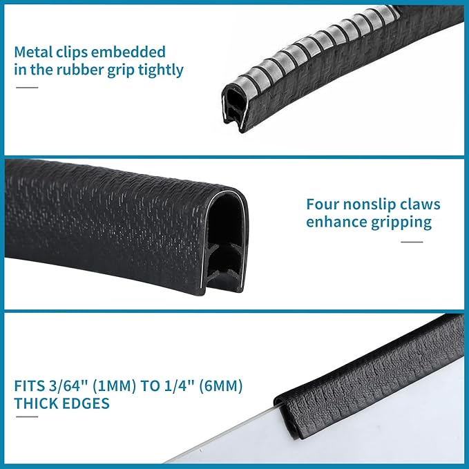 Rubber Edge Trim Guard 32.8ft/10m, Adhesive Free Door Edge Protector, U Shape Edge Seal Strip with Embedded Metal Clips Fits 3/64" to 1/4" Thick Edges (Black)