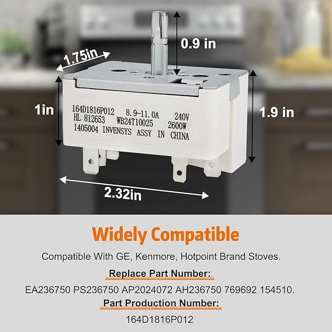 WB24T10025 Surface Burner Range Infinite Control Switch 8 Inch, Replace for AP2024072, 769692, AH236750, EA236750, PS236750,164d1816p012, Compatible with GE, for Kenmore, for Hotpoint Certain Stoves