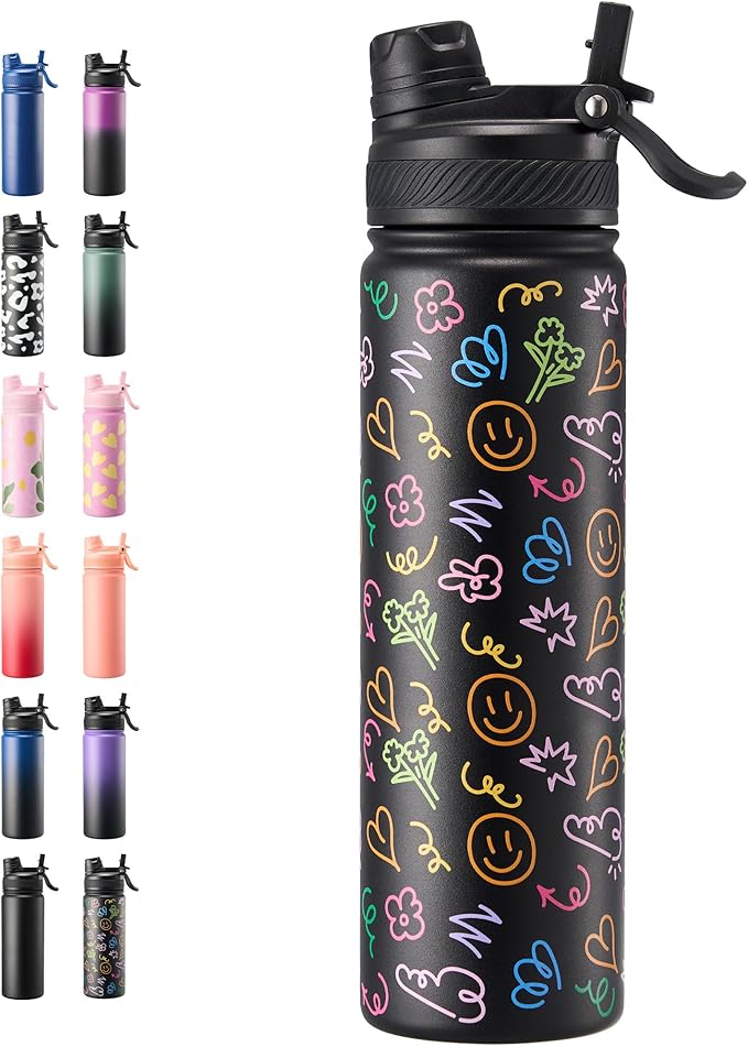 Fijinhom 24 oz Insulated Water Bottle, 2-in-1 Straw and Spout Lid Stainless Steel Thermos, Leak-Proof, Double Wall Vacuum Flask, Keep Cold 24H for Outdoor, Sports, Travel, School (Graffiti)