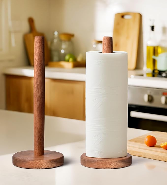 KitchLife Acacia Wooden Paper Towel Holder Countertop - Freestanding Paper Towel Dispenser Stand Organizer with Anti-Skid Base