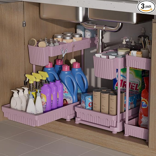 3 Pack Multi-Purpose Under Sink Organizers and Storage, 2026 L-Shaped Pull Out Cabinet Organizer for Bathroom & Kitchen, Under Cabinet Organizer with Hooks Hanging Cup, Pink