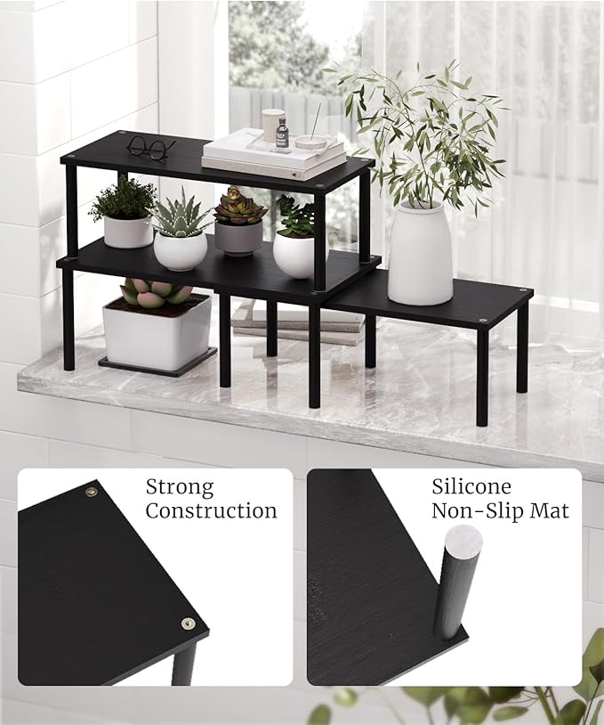 Cabinet Organizer Shelf(Set of 3),Bamboo Kitchen Counter Shelves for Countertop and Cabinet,Stackable Shelf Spice Racks,Large(Black)