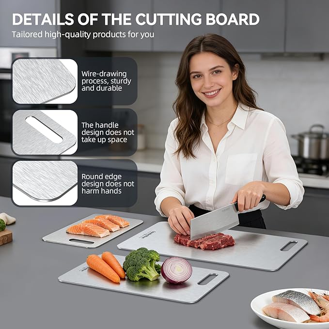 Titanium Cutting Board, 100% Pure Titanium Cutting Boards for Kitchen, Double-Sided Non-Toxic Cutting Board, Ideal for Slicing and Dicing Meats, Features Handle, Dishwasher Safe - 10.5"L*6.5"W（silver）