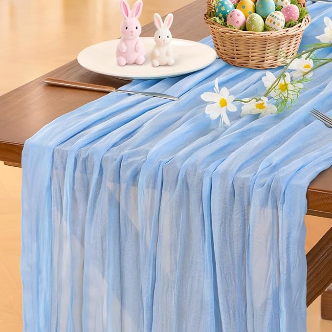 Socomi Blue Cheesecloth Table Runner Summer Light Blue Boho Rustic Gauze 120 inch 10FT Cheese Cloth Sheer Runner for Wedding Party Baby Shower Birthday Home Decor Holiday Decorations