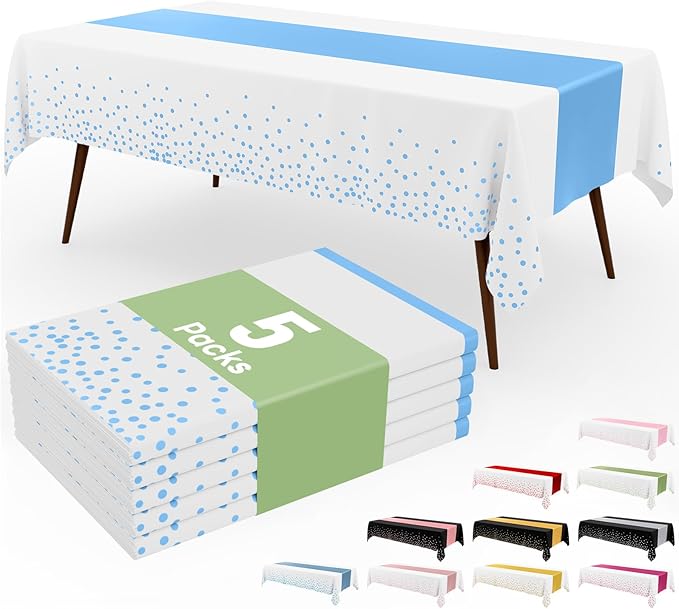 Smiry Plastic Table Cloth Disposable 5 Pack, 54 x 108 Inch Rectangle Waterproof Tablecloth, Printed Gold Table Runner Style for Birthday Weeding, Party, Leakproof & Sturdy, White and Baby Blue
