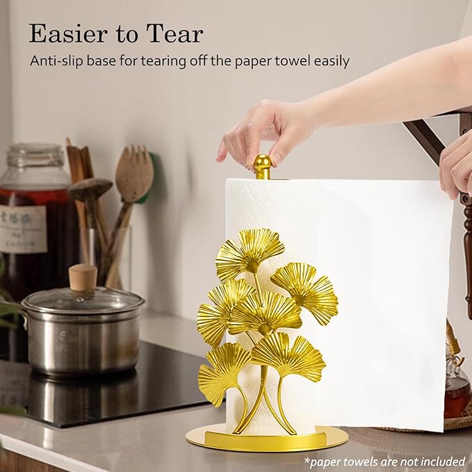 Vintage Gold Ginkgo Paper Towel Holder Countertop - Gold Kitchen Decor and Accessories, Luxury Housewarming Gifts for Women, 3D Ornate Leaf Textured, Retro Design Home Decor, Weighted Base & Felt Pad