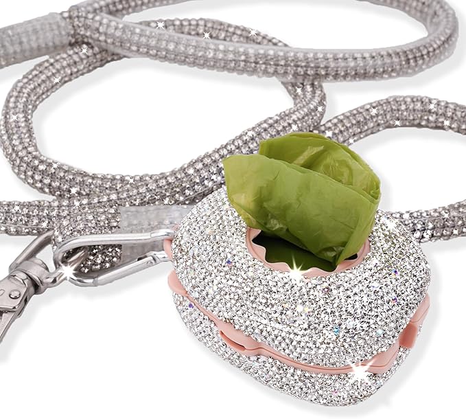 Diamond Rhinestone Dog Poop Bag Holder for Leashes Leak Proof Trash Bag Dispenser with Carabiner Includes 15 Scented Waste Bags Portable Pet Walking Accessories for Dogs Cats Litter