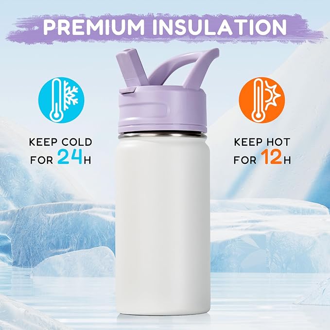 Fijinhom 12oz Kids Water Bottle for School, Toddler Bottles with Straws, Stainless Steel Vacuum Insulated Water Bottle for Boys&Girls, Leak-Proof, BPA-Free, Gentle Purple