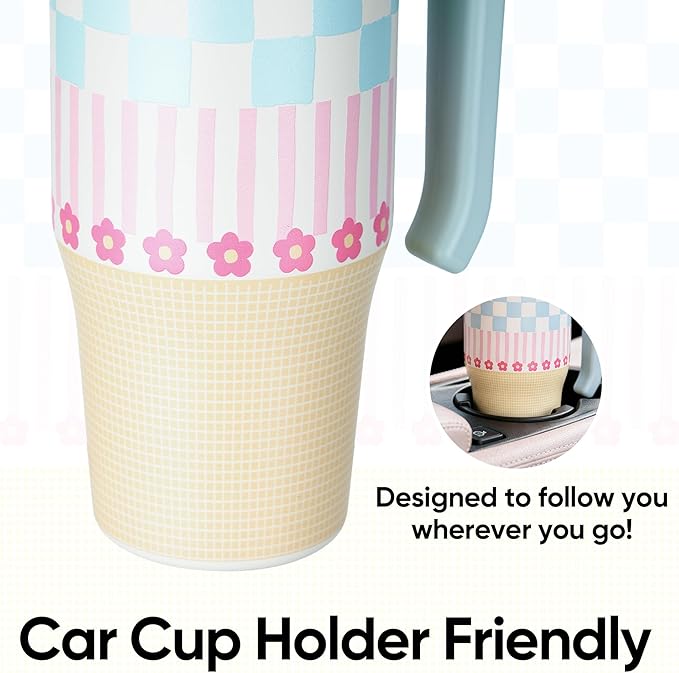 Fijinhom 25 oz Insulated Tumbler with Handle, Stainless Steel Insulated Water Bottle Coffee Mug with Straw, Coffee Cups, Cute Water Bottle for Sports, Travel, Lunch, Checkered Petal