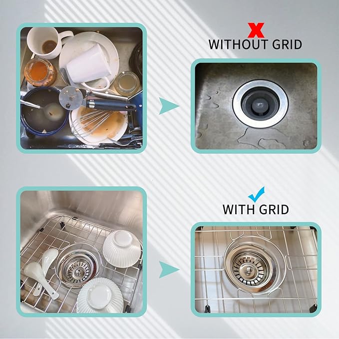 2 Pack 11-3/4"x13-7/8 Sink Grid - 304 Stainless Steel Heavy Duty Kitchen Sink Protector Rack with Center Drain & Built-in Strainer, Scratch Resistant Bottom