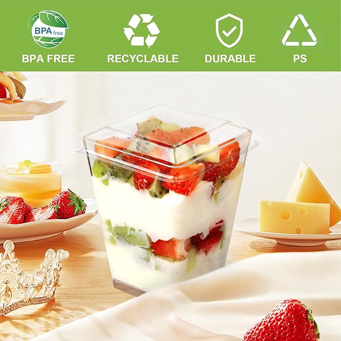 50 Pack 5 oz Plastic Dessert Cups With Lids and Spoons, Yogurt Parfait Appetizer Cups for Party, Mini Dessert Shooters for Pudding and Fruit