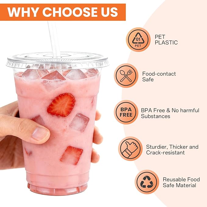 100 Pack 20oz Plastic Cups with Lids and Straws, Clear Disposable Plastic Cups, Heavy Duty Iced Coffee Cups with Leak-Resistant Lids, Cold Drink Cups for Smoothies, Juice, Soda & Party To Go