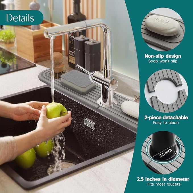 Kitchen Faucet Mat - Diatomite Splash Guard for Sink, Quick-Drying Water Absorbing Stone Tray [Grey, 23.6" x 3.9"], Includes Sandpaper