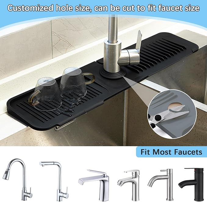 Silicone Sink Splash Guard Mat with Slanted Design,24*5.5 Inch Large Non-Slip Base,Multi-Surface Protector for Kitchen,Bathroom,Laundry,RV,Easy Clean Water Deflector Accessory(black)