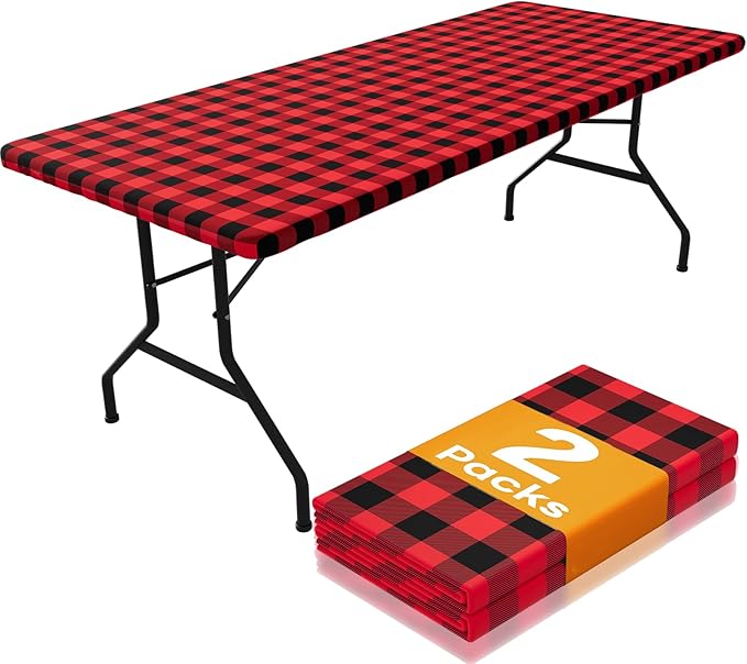 Smiry Picnic Table Cloth 2 Pack, Waterproof Elastic Fitted Tablecloths for 8FT Rectangle Tables, Washable Polyester Buffalo Plaid Tablecloth for Camping, Dining & Christmas(Black & Red, 30" x 96")